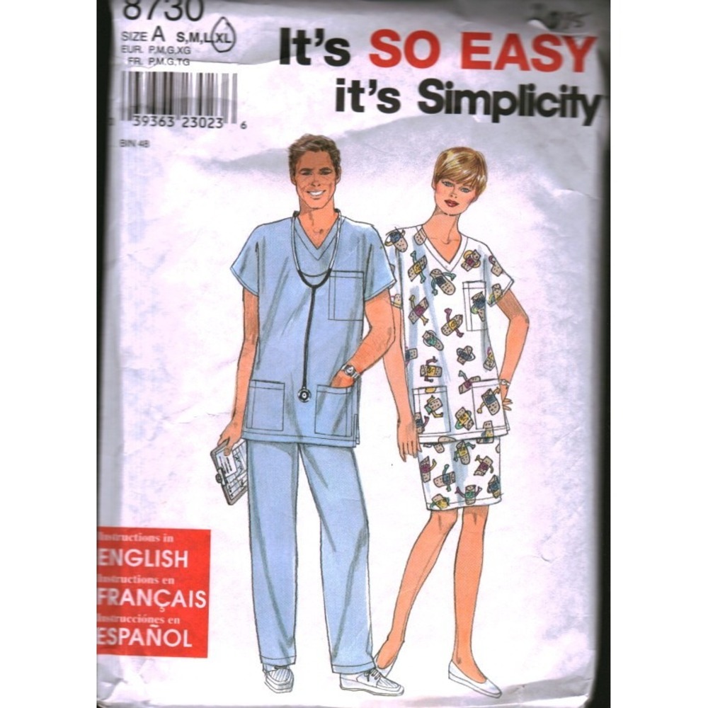 Simplicity 8730 Scrub Set Sewing Pattern Mens Womens Top Pants Skirt‎ Size S-XL